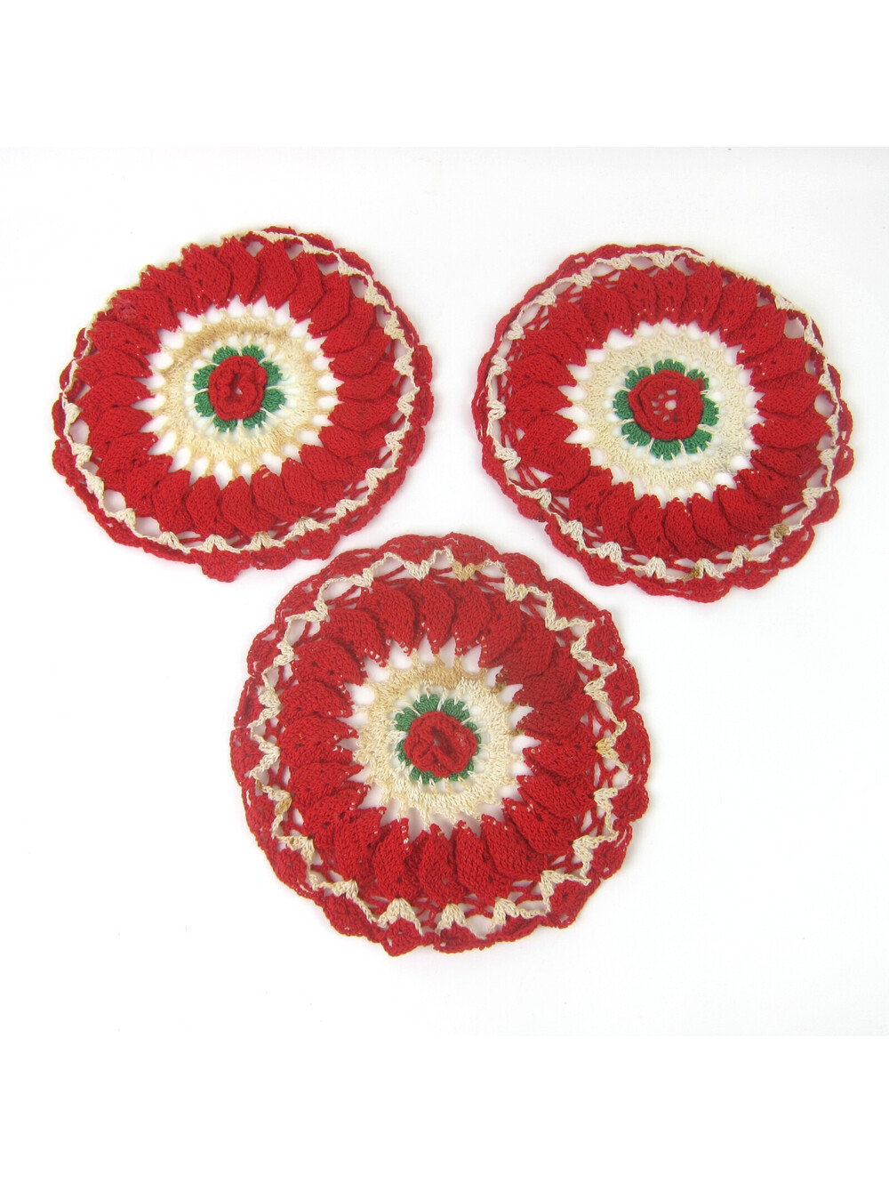 3 Vintage Rose Hot Plate Doily Lot Red Flowers Green Cream 7.5" Mid Century MCM